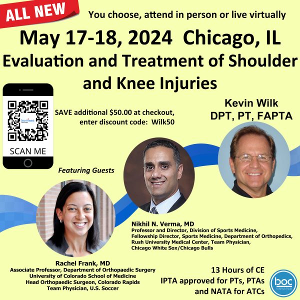 Kevin Wilk in Chicago May 17-18, 2024 with Guest Nikhil Verma, MD and Rachel Frank, MD